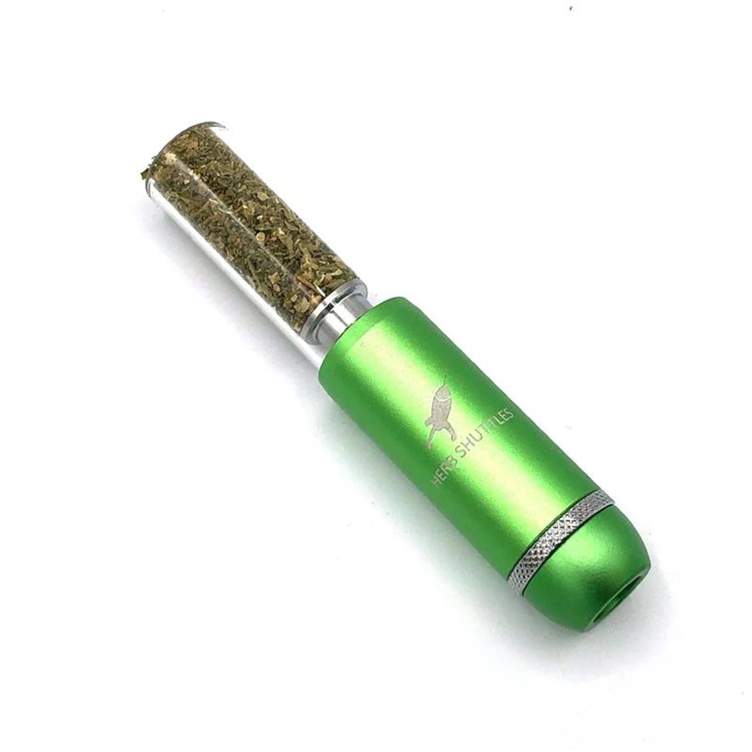 Herb Shuttles Kräuterbehälter mit transparentem Glaszylinder gefüllt mit getrockneten Kräutern und grünem Aluminiumgehäuse